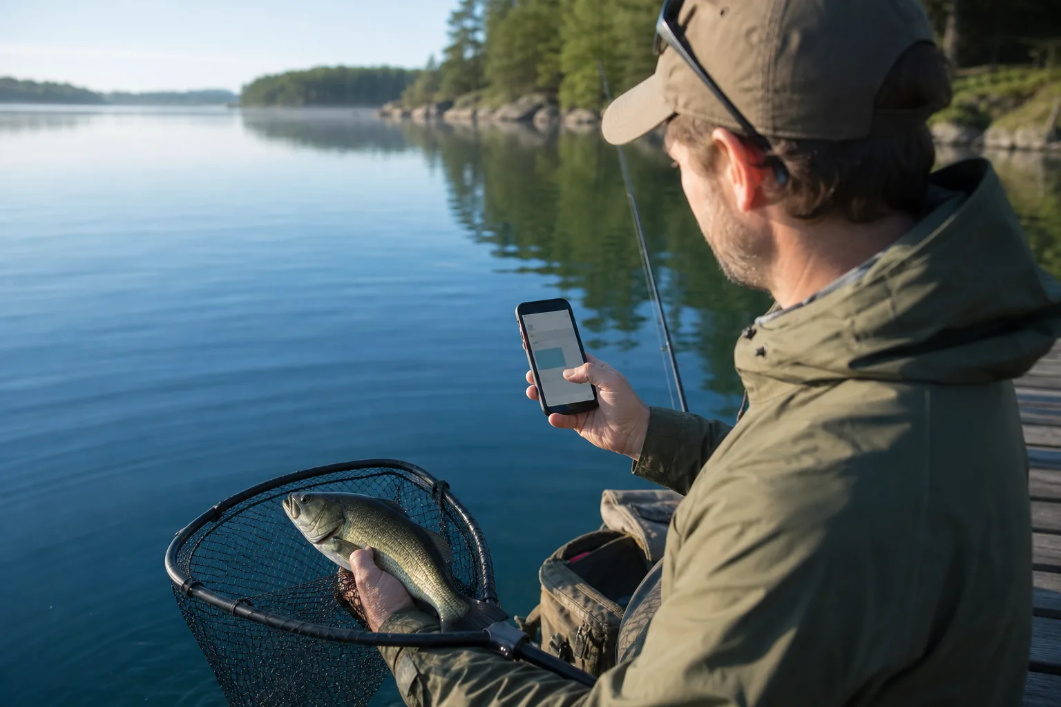 An angler using a phone beside a fish resting safely in a wet landing net at a lake