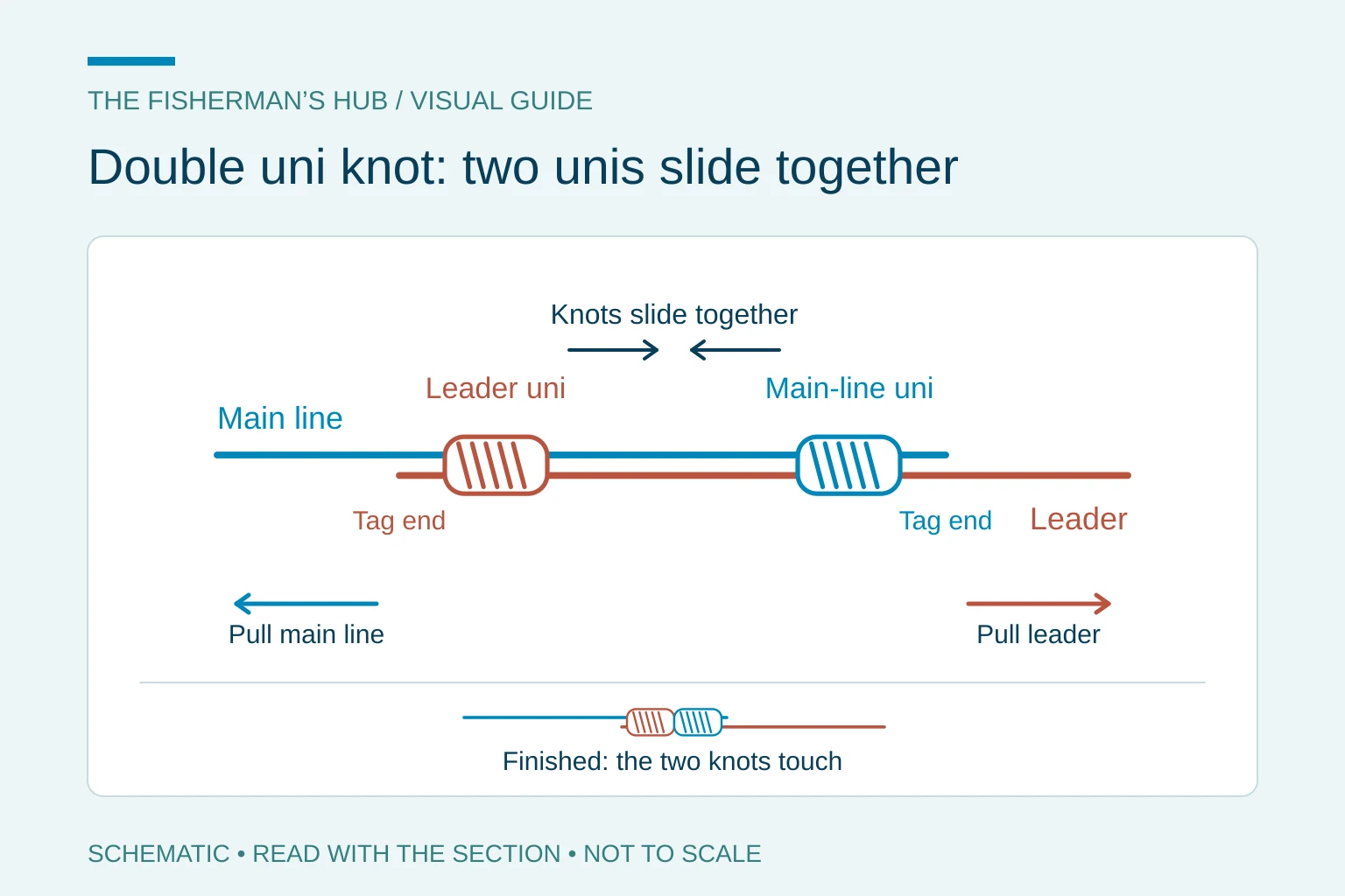 Double uni knot schematic with a uni knot on each overlapping line sliding together