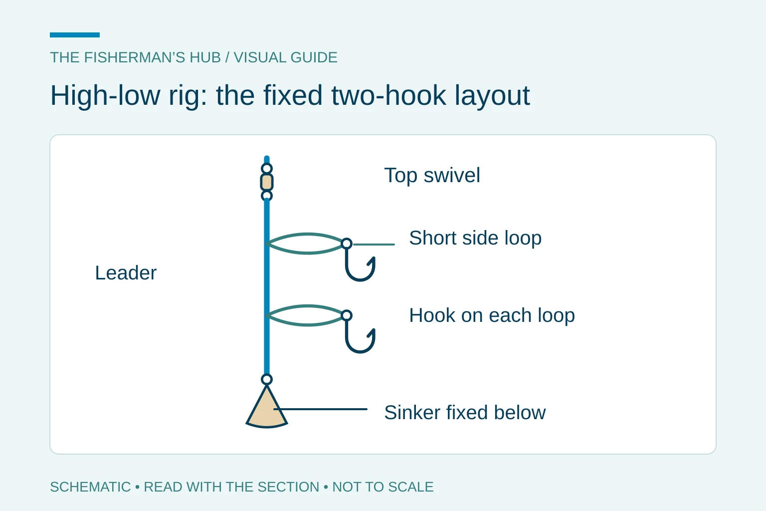 High-low rig schematic with top swivel, two dropper loops with hooks and bottom sinker