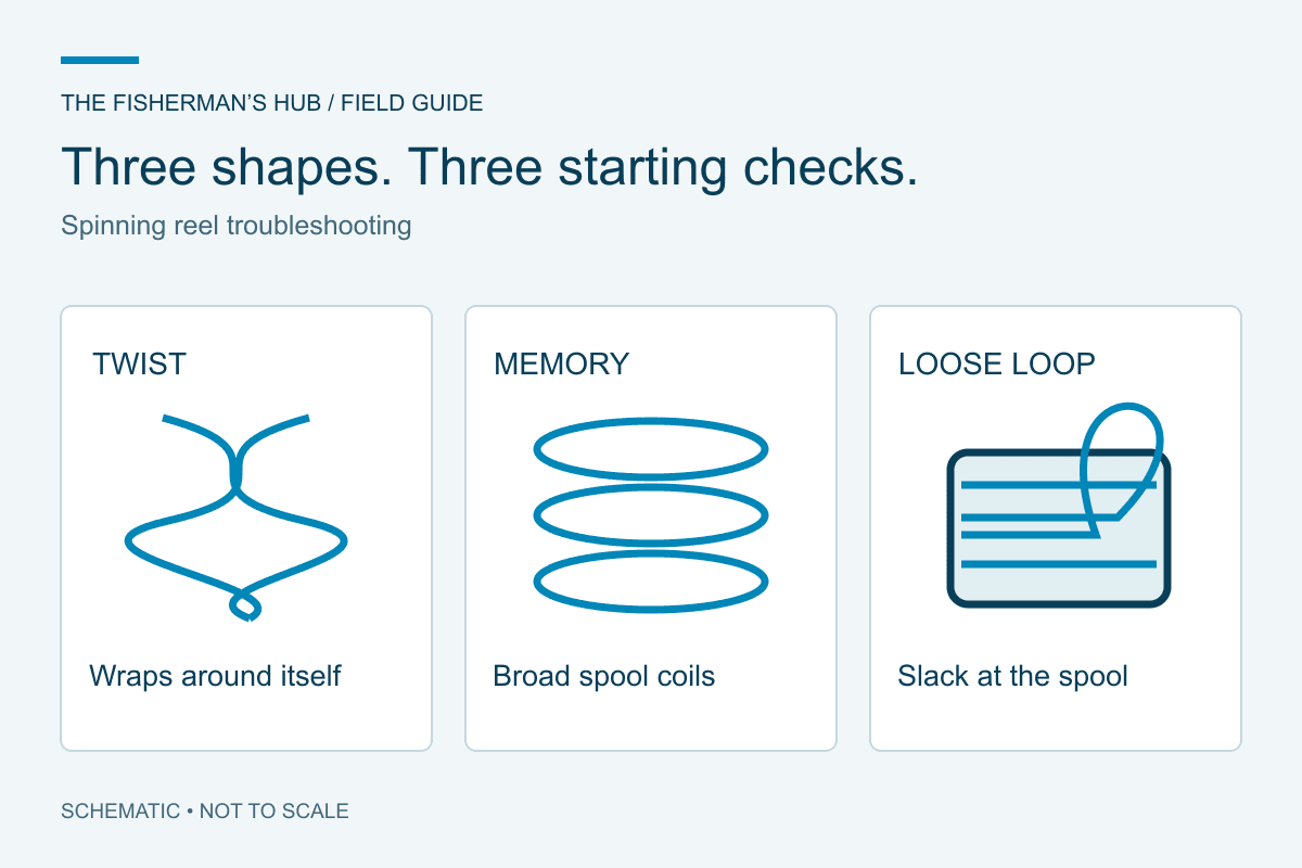 Three schematic line shapes: twist doubles back around itself, memory forms broad coils, and a loose loop sticks out from the spool