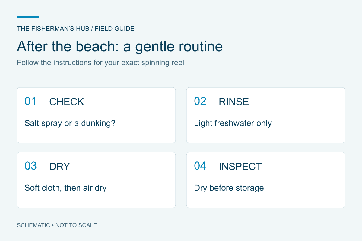 After-trip care sequence: check for grit, gently rinse as instructed, wipe and air dry, then inspect and store