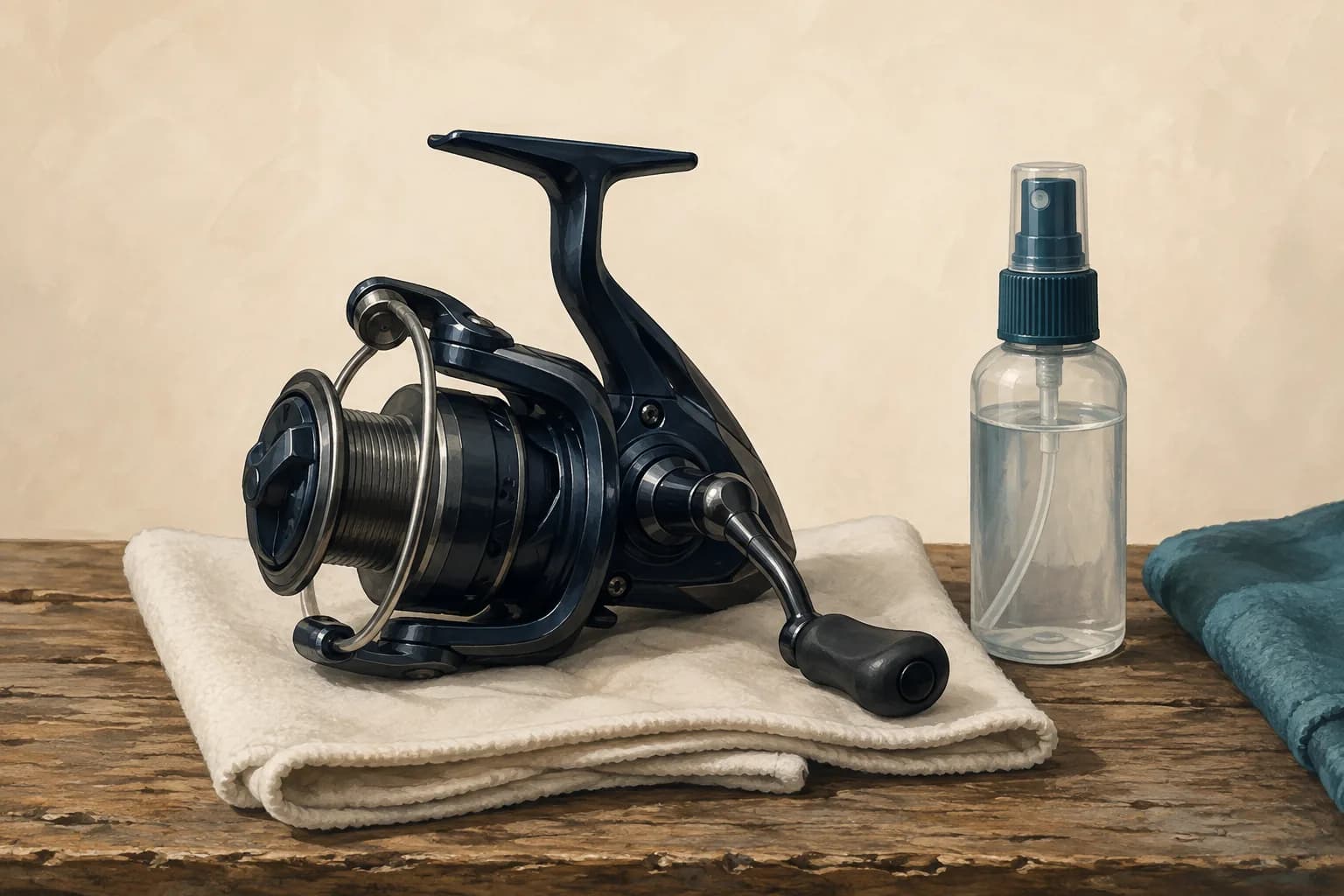 Illustration of an assembled spinning reel drying on a soft cloth beside a plain freshwater mist bottle