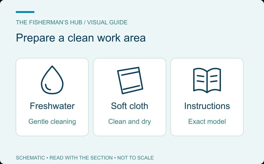 Freshwater, a soft cloth and the correct reel manual prepared for exterior cleaning