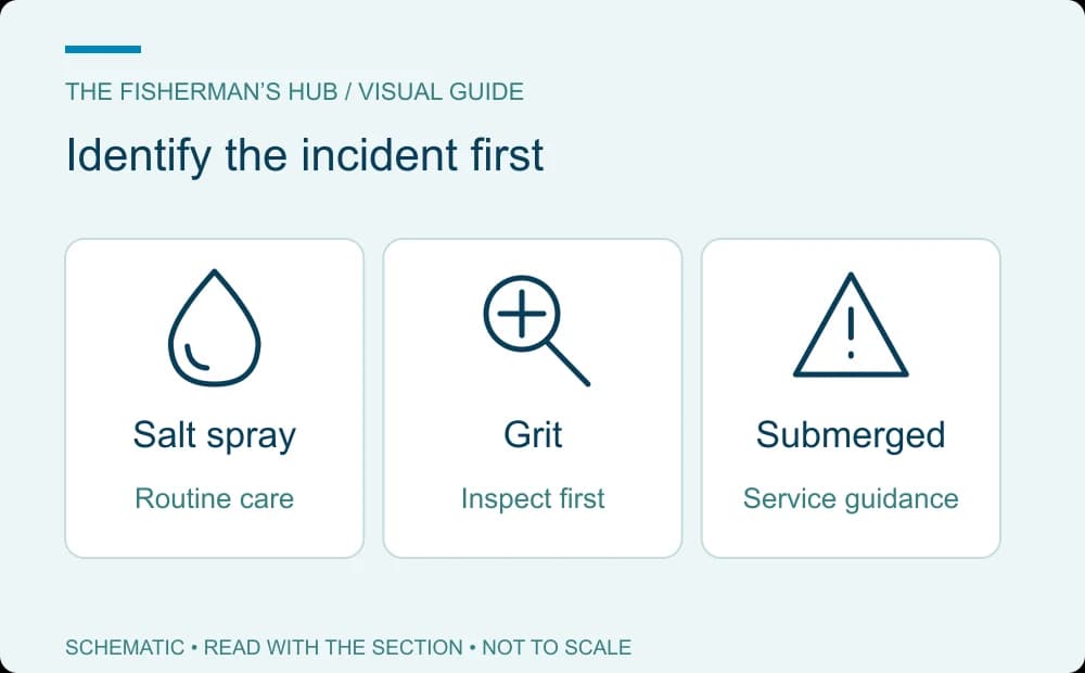 Incident comparison separating salt spray, grit and a submerged spinning reel