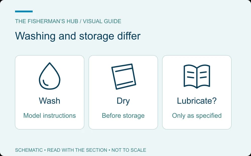 Saltwater-care reminder distinguishing washing, drying before storage and model-specific lubrication