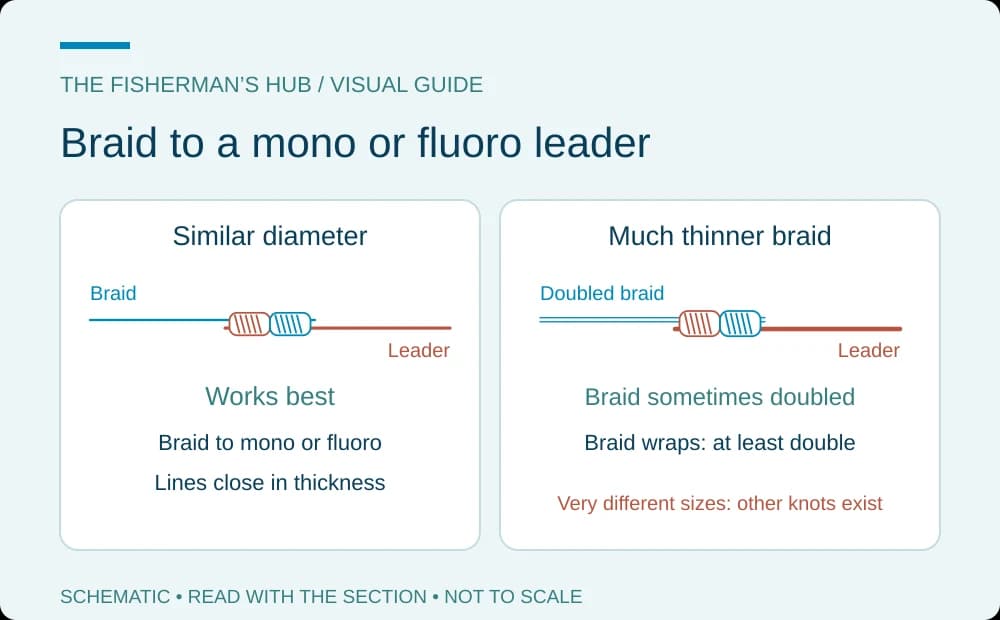 Braid joined to a thicker leader, with a second view showing doubled thin braid