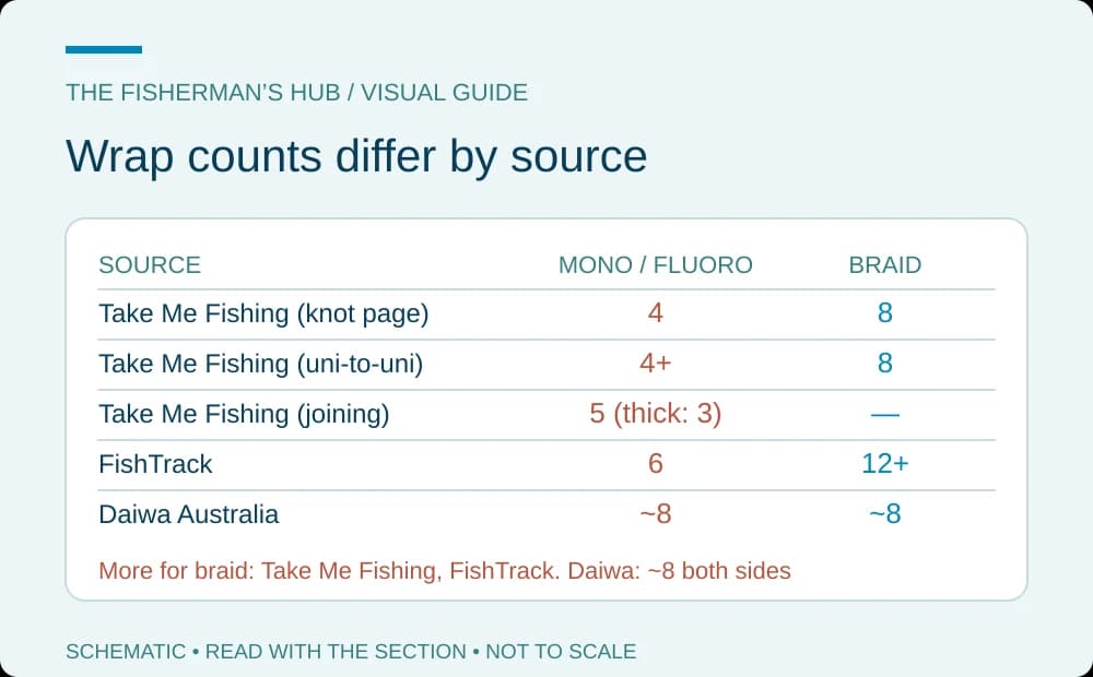 Chart of wrap counts by source for the mono or fluorocarbon side and the braid side