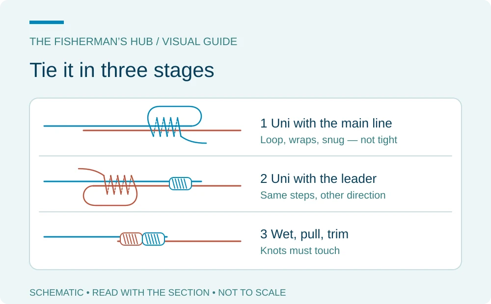 Three stages: first uni on the main line, second uni on the leader, knots slid together