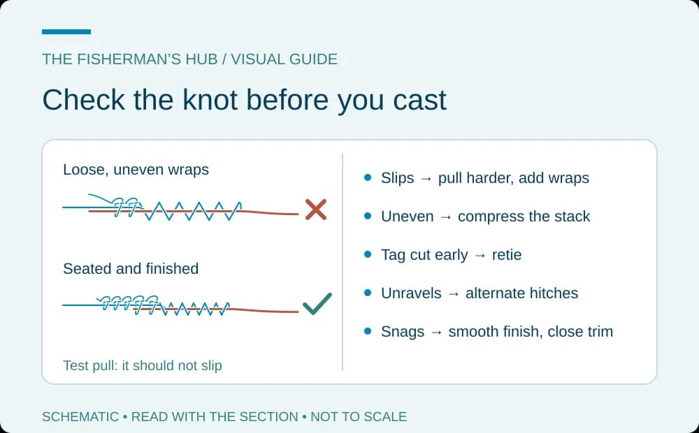 Checklist pairing a slipping leader, loose wraps and a snagging tag with source-based fixes