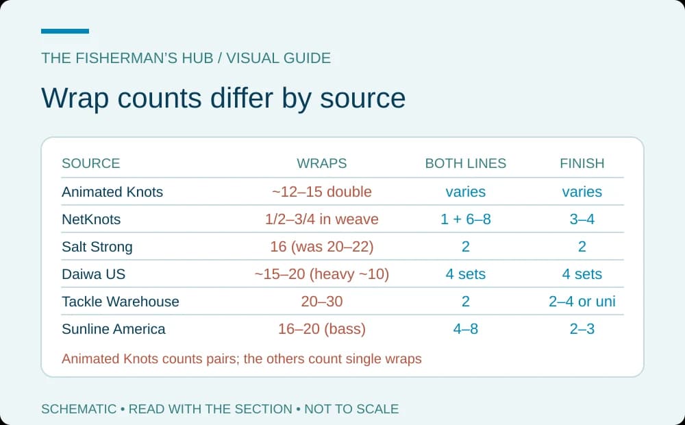 Chart of wrap and half-hitch counts copied from six sources, shown side by side