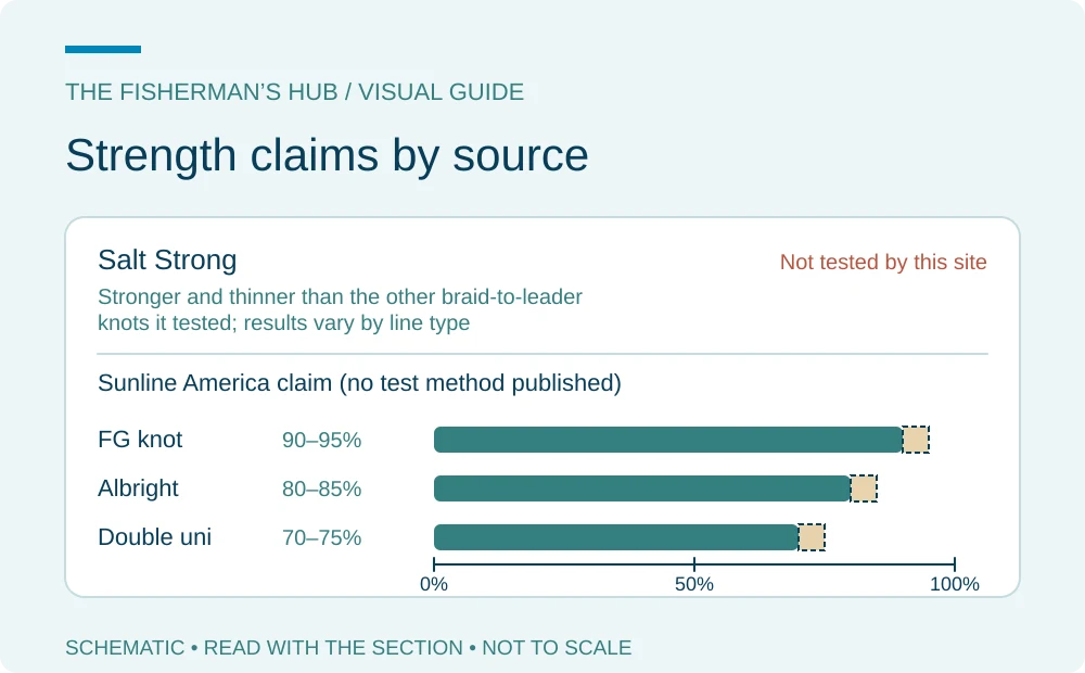 Chart of published FG knot strength claims by source, marked as claims rather than a test
