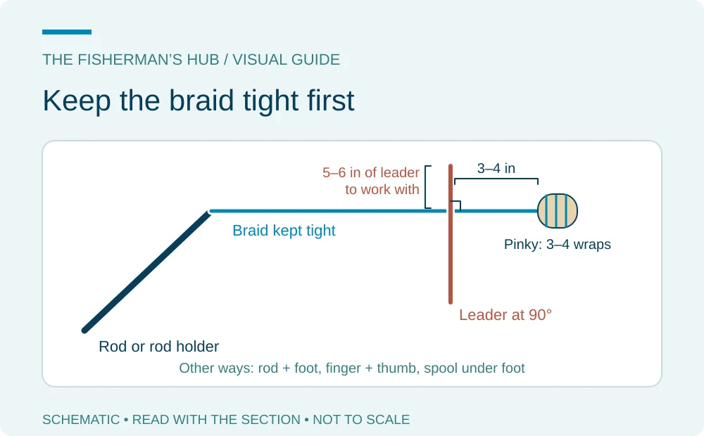 Braid held tight between a rod and a pinky, with the leader crossing it at a right angle