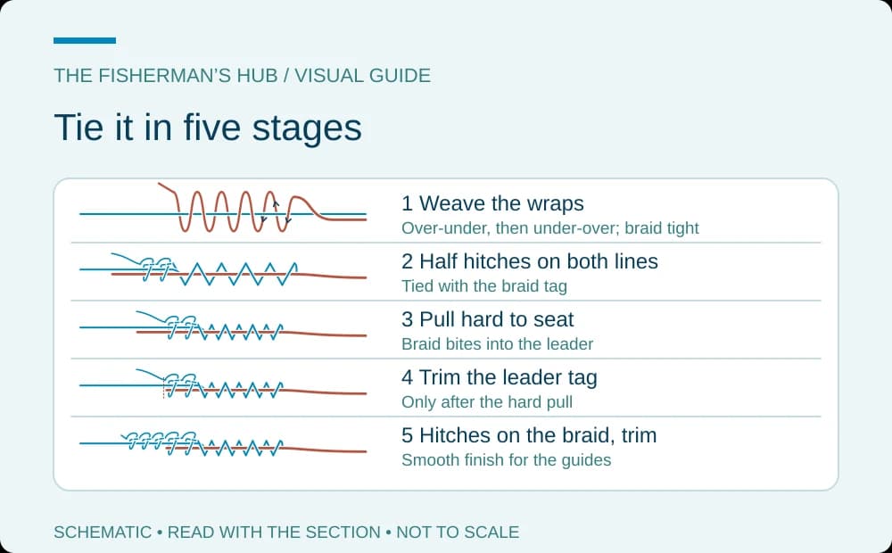 Five stages from weaving the wraps to half hitches, the hard pull and trimmed tag ends