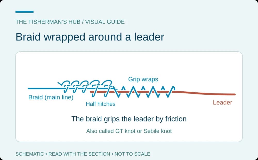 Leader running straight through the knot with braid wrapped tightly around it, then half hitches