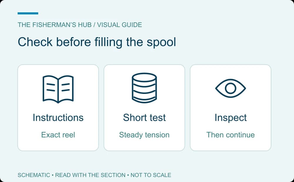 Reel instructions followed by a short spooling test and inspection before continuing the fill