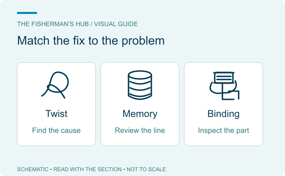 Different starting checks for twisted line, spool memory and a binding reel component