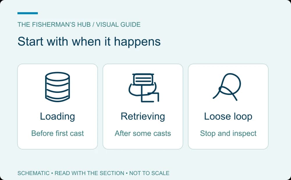 Diagnostic timeline distinguishing a problem during loading, during retrieval or after a loose loop appears
