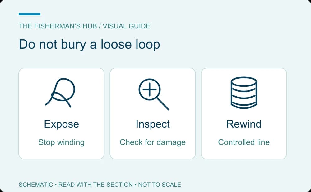 Loose-loop recovery sequence showing exposure, damage inspection and controlled rewinding