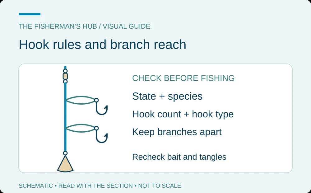 Two separated hook branches beside reminders to check local limits and circle-hook rules