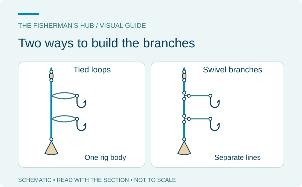 Two rig builds shown side by side with tied loops and three-way swivel branches
