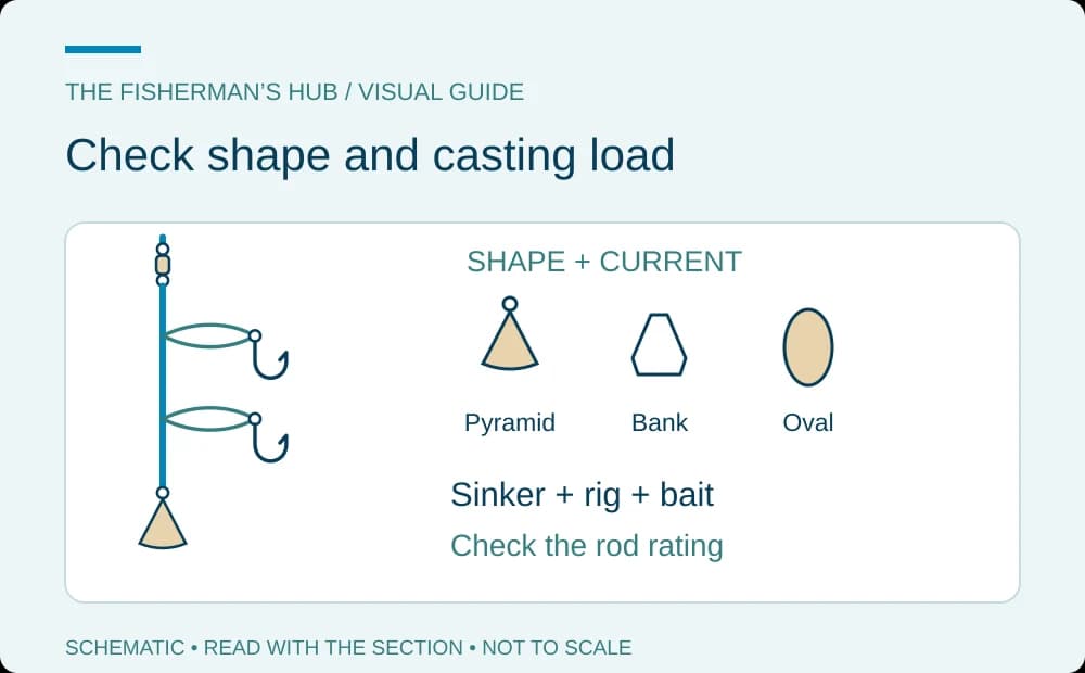 Fixed bottom sinker next to pyramid, bank and oval shapes and a casting-load reminder