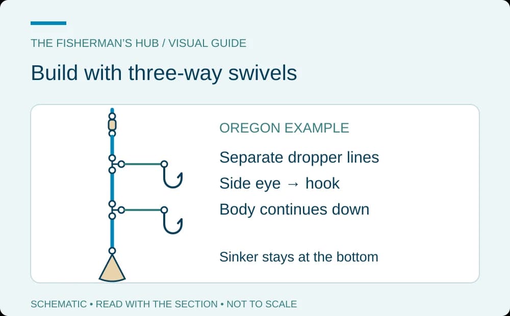 Three-way swivels connecting a vertical rig body to separate hook lines above a sinker