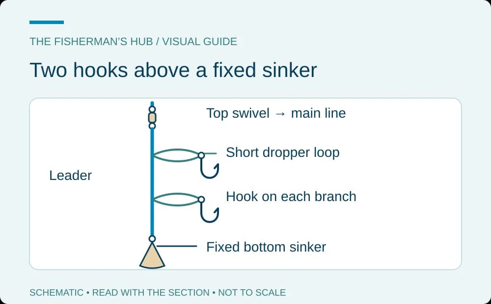 High-low rig with a top swivel, two side hooks and a fixed bottom sinker