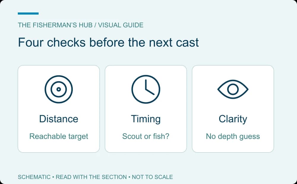 Beach-reading reminders for reachable casting distance, timing and visibility