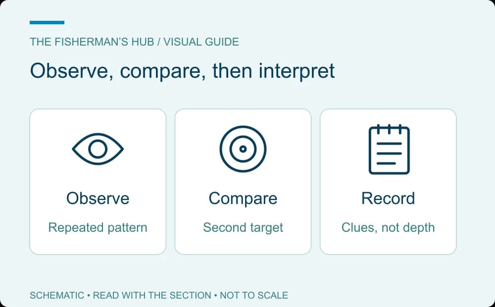 Observation sequence showing an eye, a comparison target and notes rather than a guessed depth