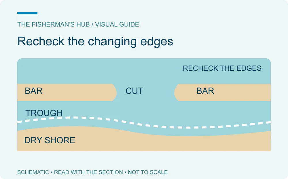 Schematic beach with a dashed waterline showing why shoreline and structure observations need rechecking