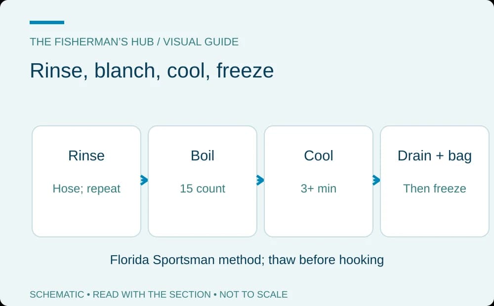 Freezing sequence showing rinse, 15-count boil, cool for three minutes and bag