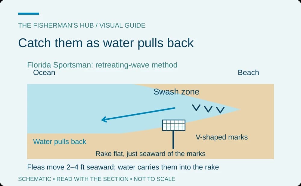 Retreating water carries mole crabs seaward toward a rake lying flat
