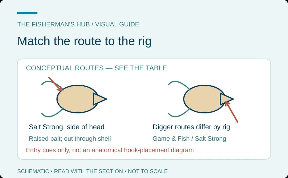 Separate conceptual hook routes through the head side and underside digger