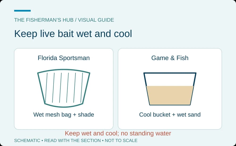 Mesh bag in shade beside a bucket of wet sand, with no standing water