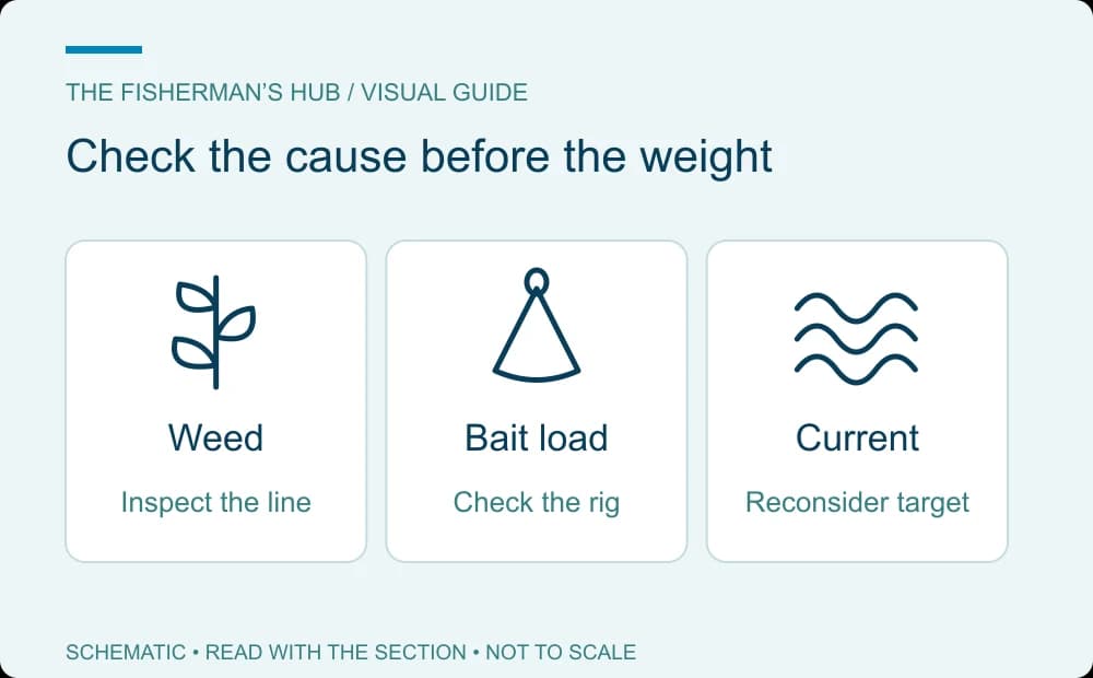 Weed, casting load and moving water as three checks for a drifting surf rig