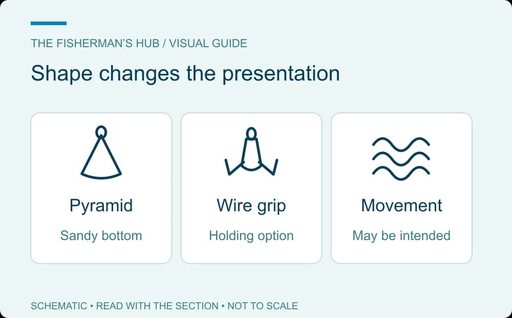 Schematic pyramid and wire-grip sinkers beside moving water, comparing holding with intended drift
