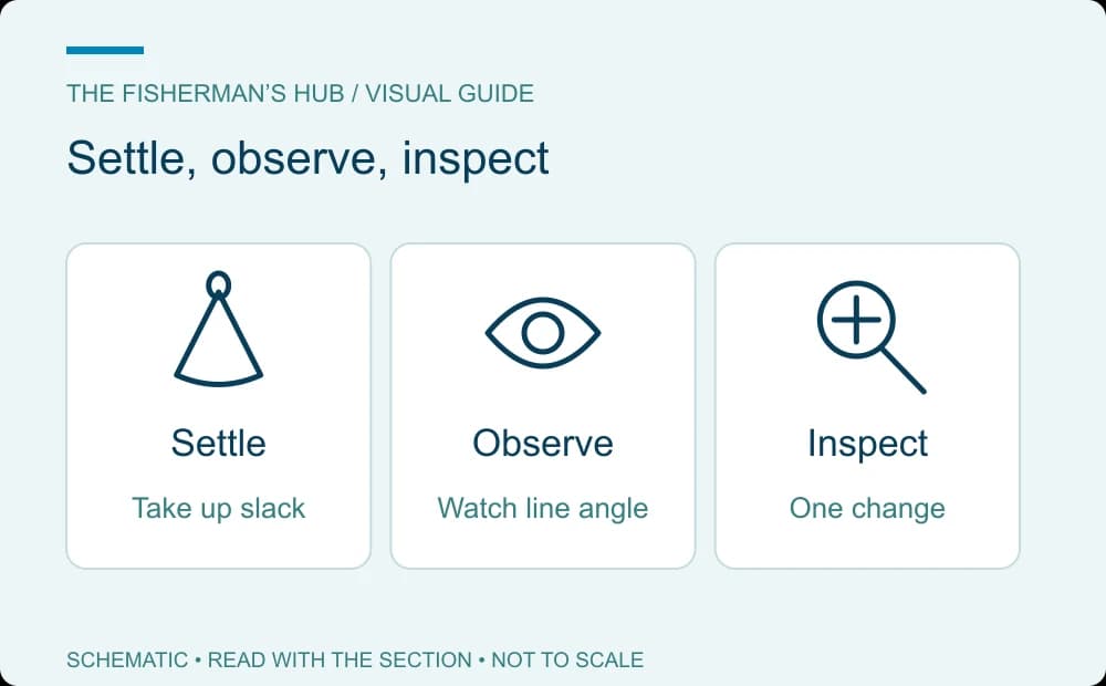 Three-step sinker test showing settling, observing the line angle and retrieving to inspect