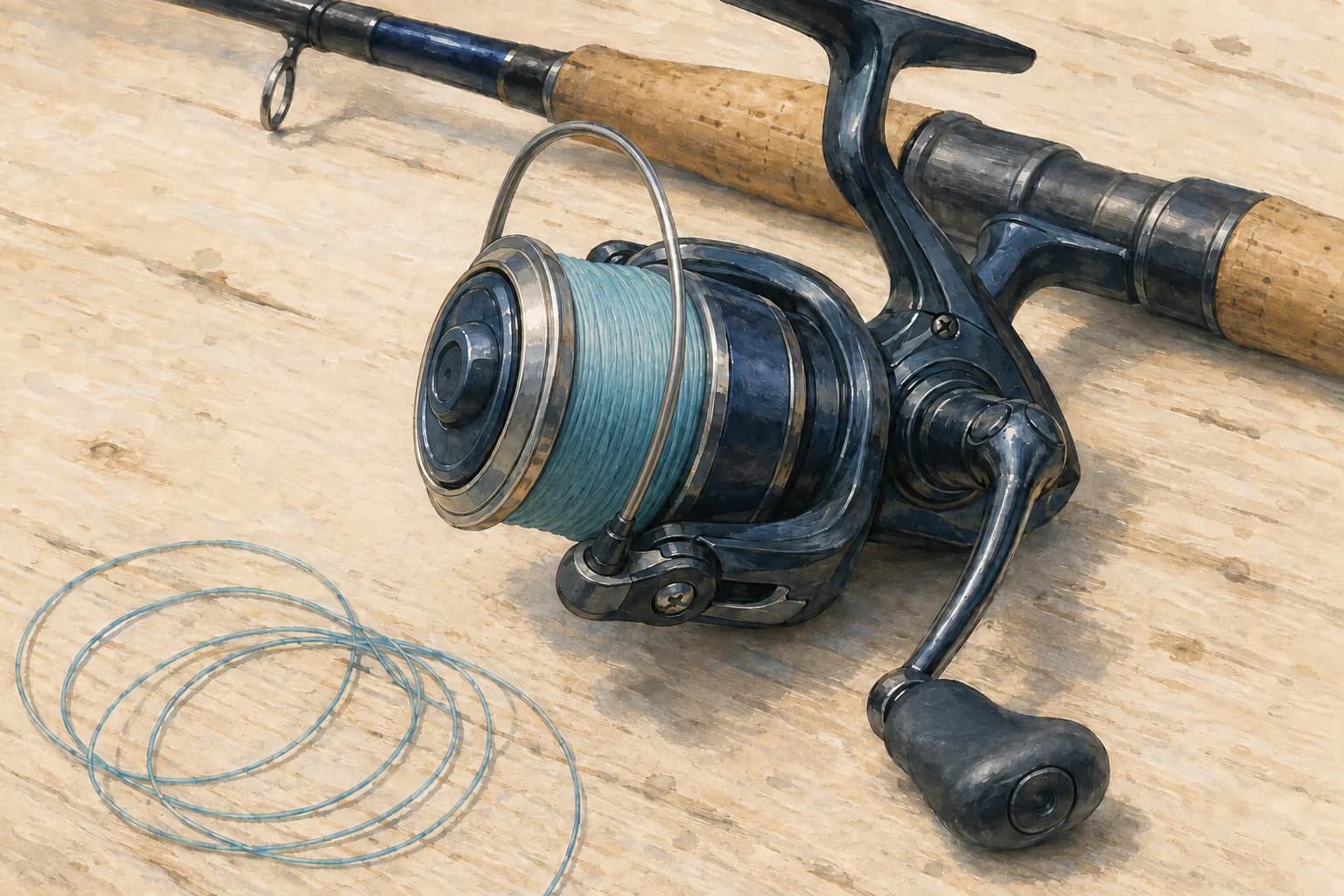 Illustration of a spinning reel on a clean workbench beside a separate length of coiled blue fishing line