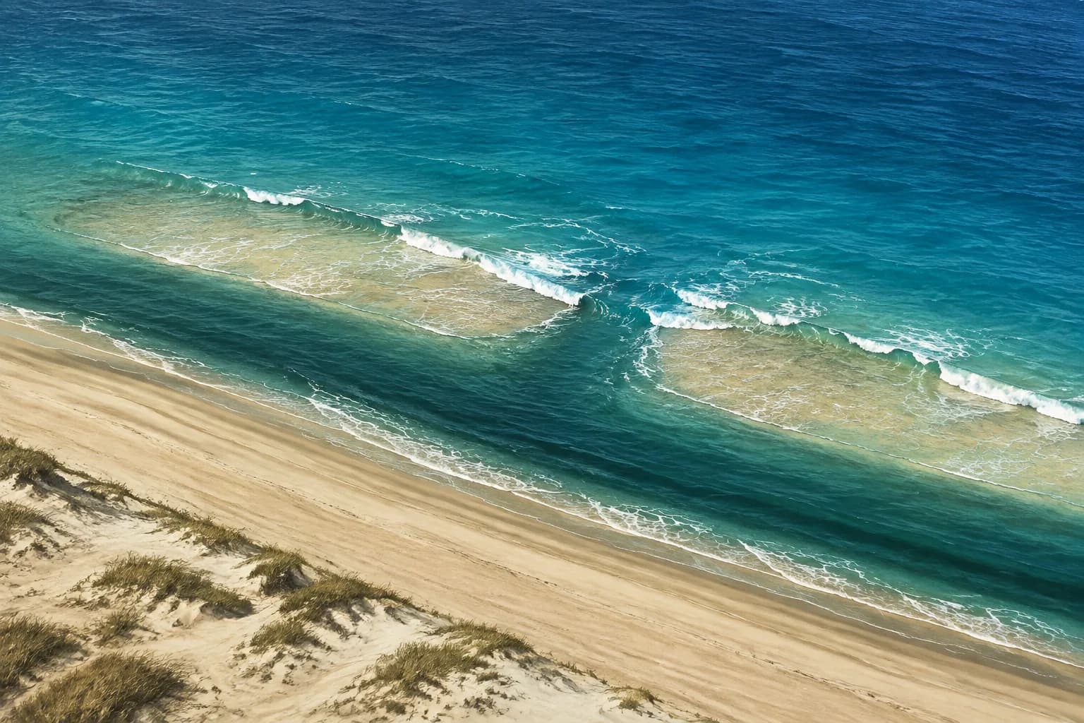 Editorial illustration of breaking waves over two sandy bars with a darker trough between the bars and shore