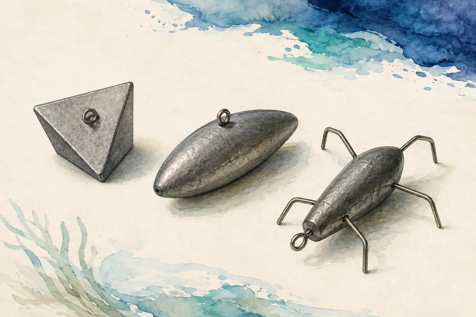 Illustrated pyramid-style, rounded bank, and wire-grip fishing sinkers showing contrasting body shapes
