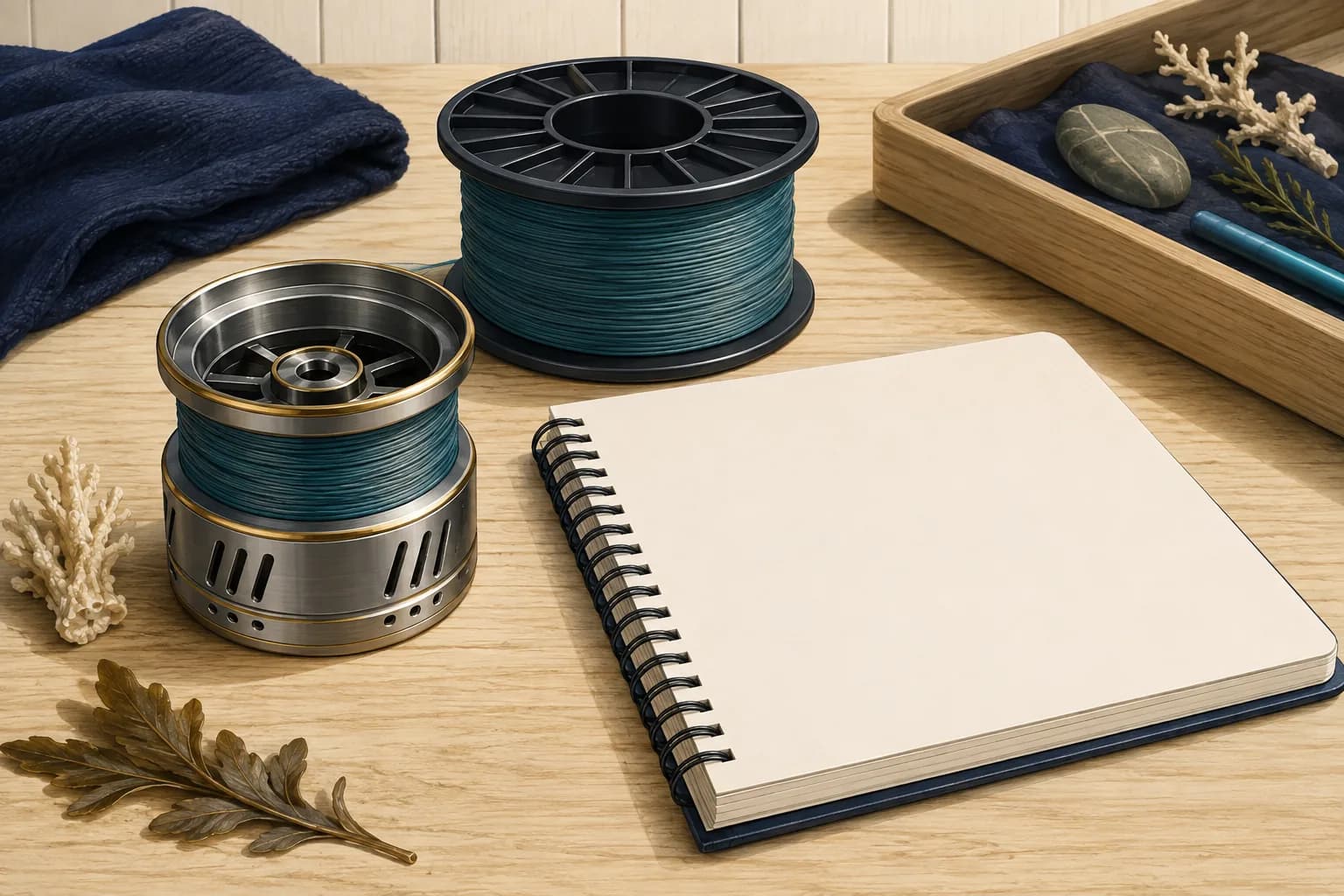 Illustration of a metal spinning-reel spool, a larger plastic filler spool, and a blank notebook for planning line length