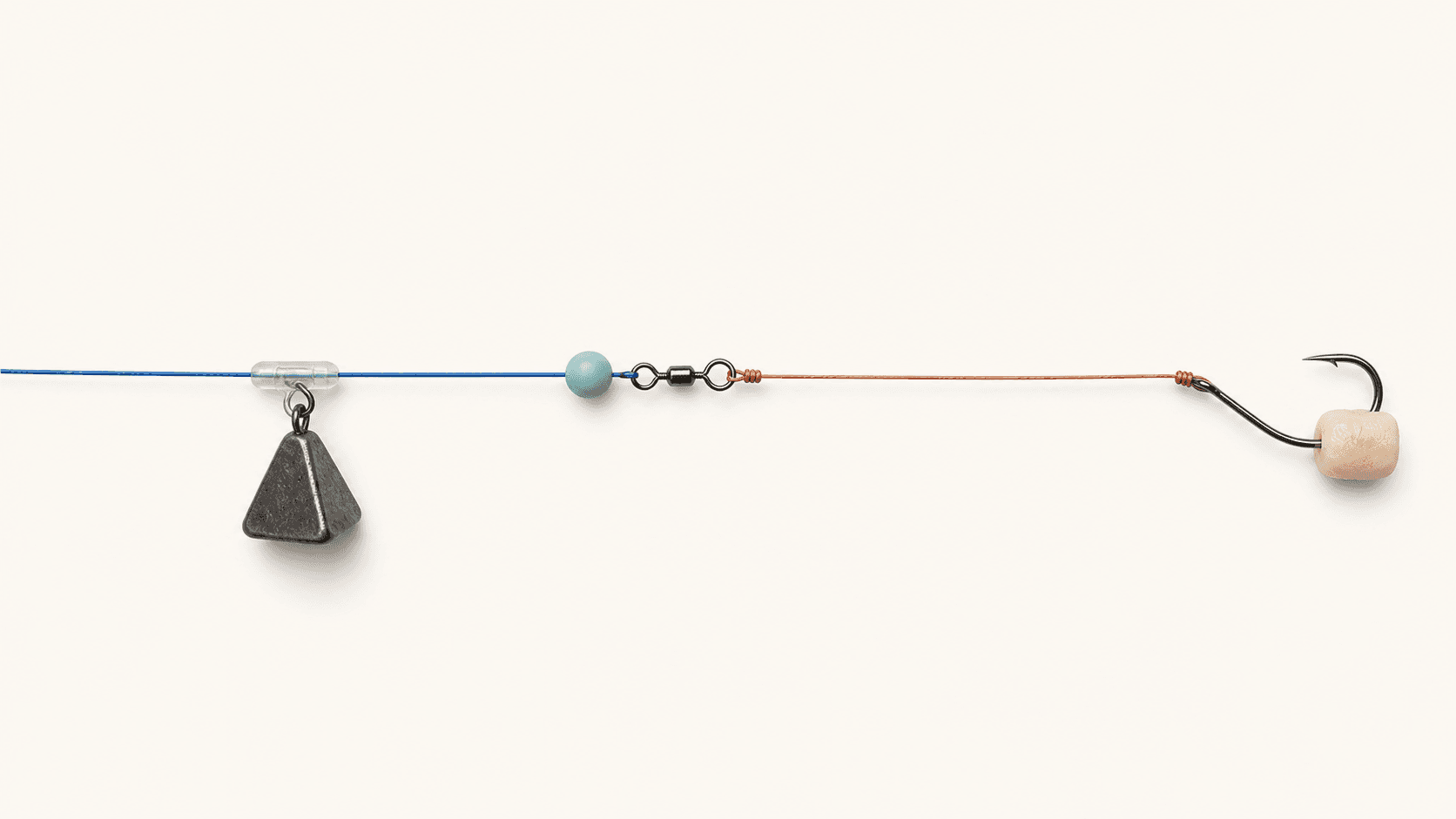 Fish finder rig laid out from the main line to a baited hook.
