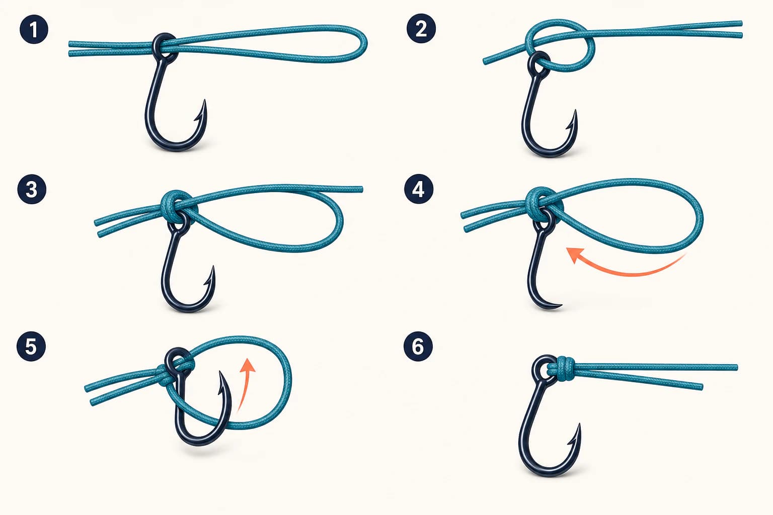 Six pictures showing a Palomar knot from a doubled loop through the hook eye to the finished knot.