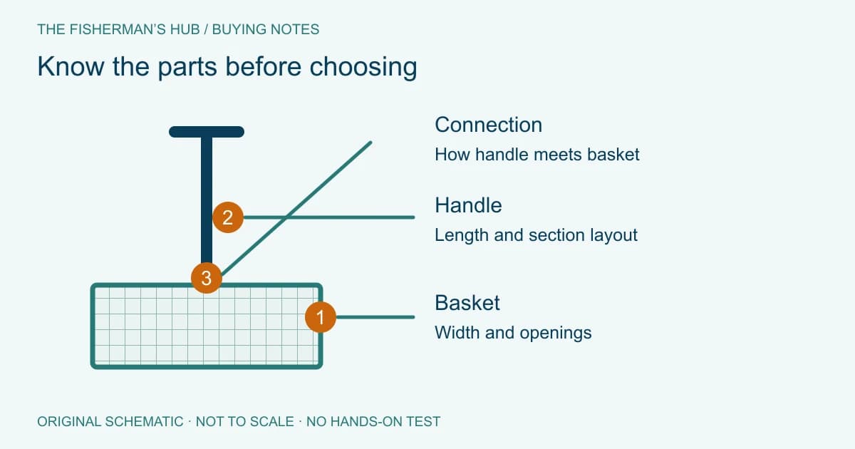 Sand flea rake diagram showing the basket, handle and connection point