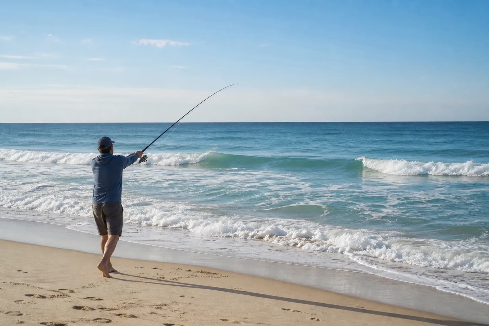 An angler casting into blue surf from a sandy beach